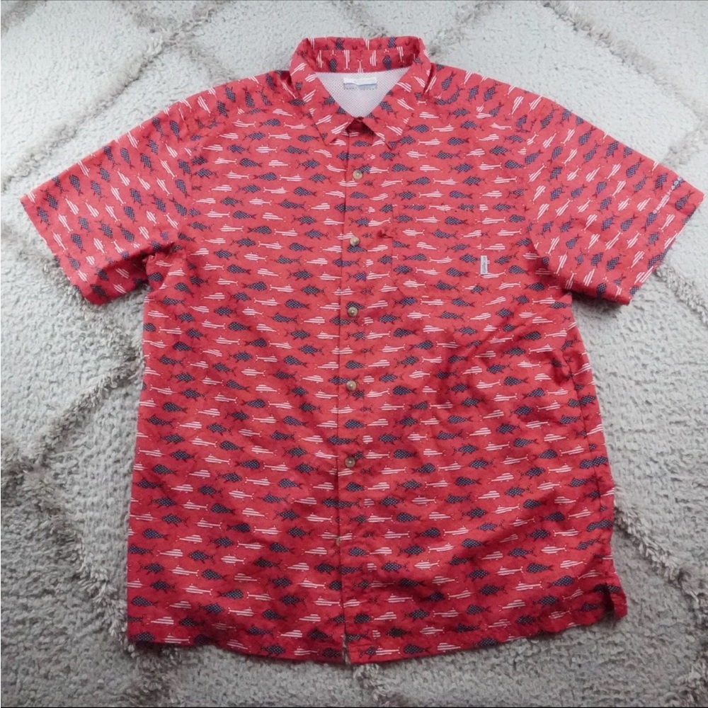 Columbia PFG Button Up Shirt Mens Large Red USA flag Fish Print Vented Fishing